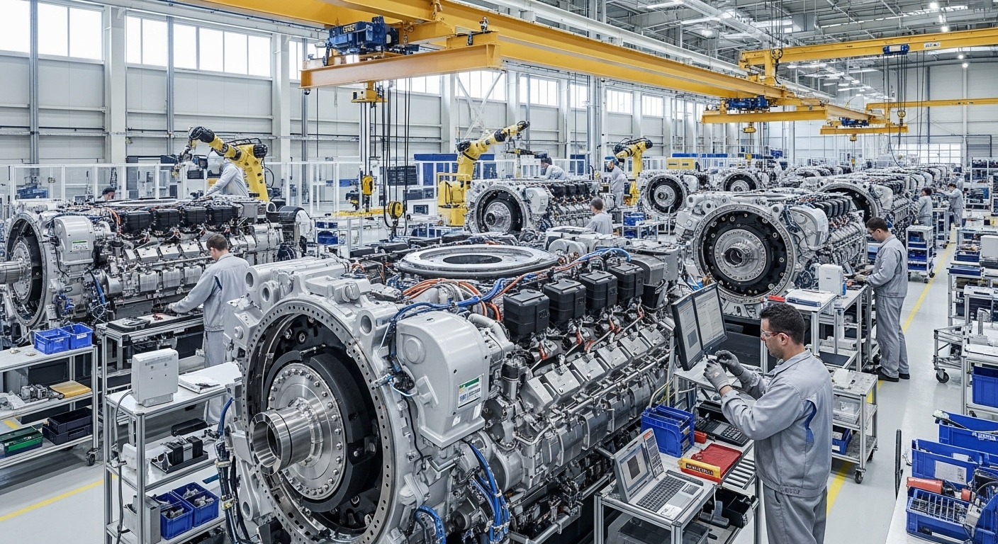 선박 건조에 필요한 정밀하게 제작된 대형 선박 엔진 부품 제조 현장.