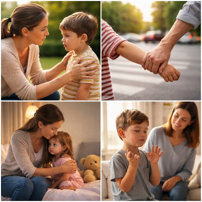 아이를 훈육하는 엄마와 사랑을 주는 엄마 이미지들