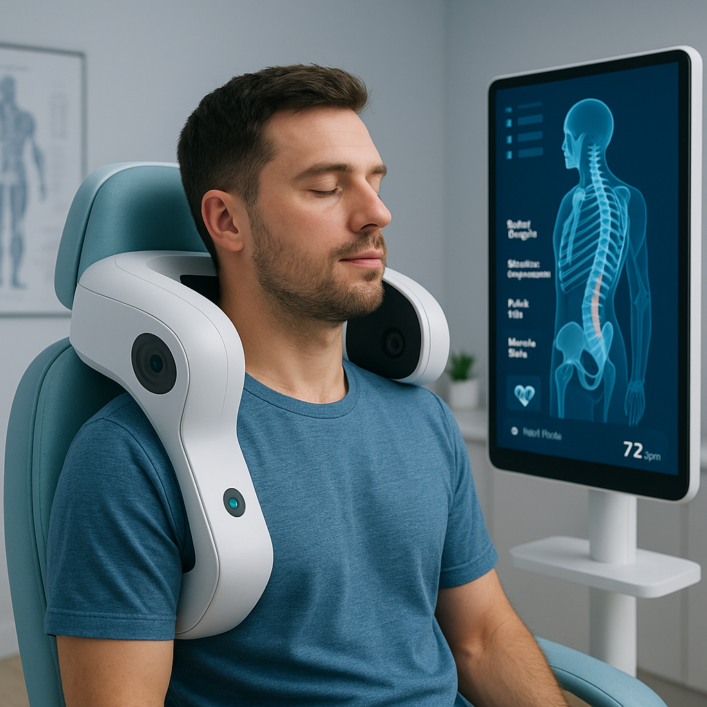 첨단 의자가 전시장 중앙에 놓여 있고, 체형과 자세 분석 그래픽이 홀로그램으로 표시되는 장면