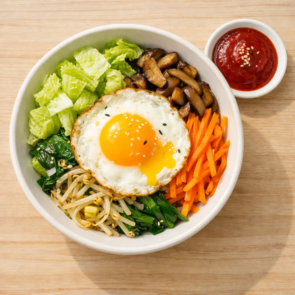 봄동비빔밥 완성 사진 - 흰 도자기 그릇에 봄동 무침, 당근, 계란 프라이, 고추장 소스를 올린 비빔밥