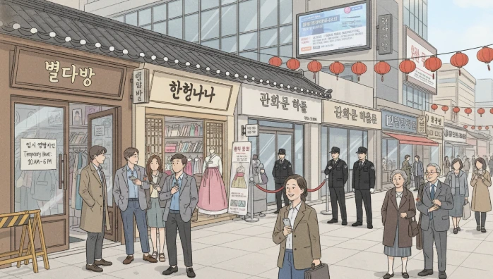 광화문 거리에 위치한 상점(카페, 소매점)과 호텔 입구의 모습, '임시 운영 시간' 안내문과 강화된 보안 조치가 눈에 띄며, 대규모 행사로 인한 상업 시설의 전략적 변화를 보여줌.