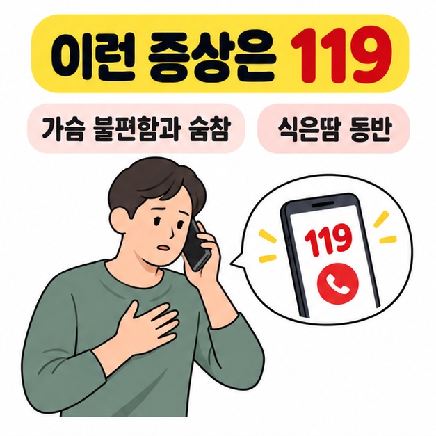 가슴 불편함과 숨참, 식은땀이 동반될 때 119에 연락하도록 안내하며 가슴에 손을 얹고 전화하는 사람을 그린 그림