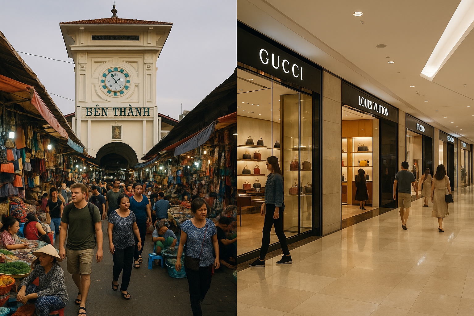 벤탄 시장의 활기찬 전통 상점과 사이공 센터의 세련된 명품 매장이 대비된 모습
