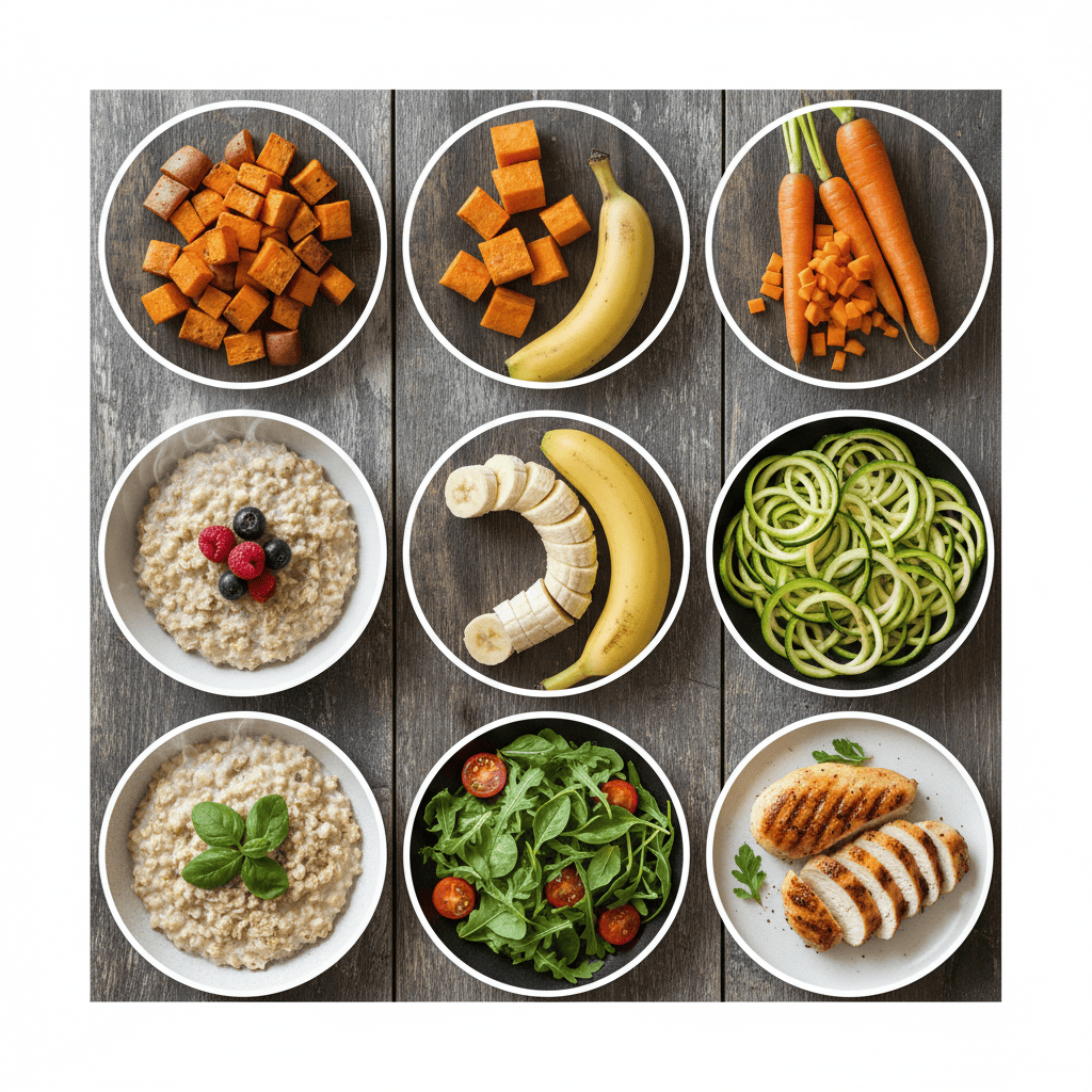 바나나, 감자, 당근, 호박, 오트밀, 닭가슴살 등 저FODMAP 식품을 한눈에 보여주는 사진