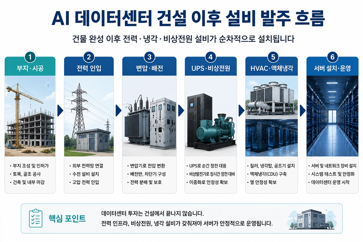 AI 데이터센터 건설 완료 이후 전력 인입, 변압&middot;배전, UPS&middot;비상전원, HVAC&middot;액체냉각, 서버 설치&middot;운영까지 이어지는 설비 발주 흐름을 단계별로 설명한 인포그래픽