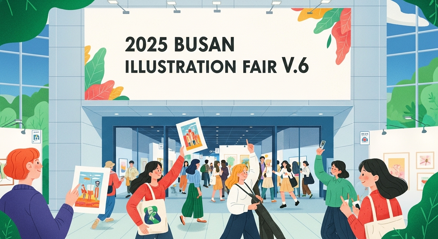 2025 부산일러스트레이션페어V.6 개막을 알리는 활기찬 전시장 입구 풍경, 다채로운 인파와 작품들이 어우러진 모습
