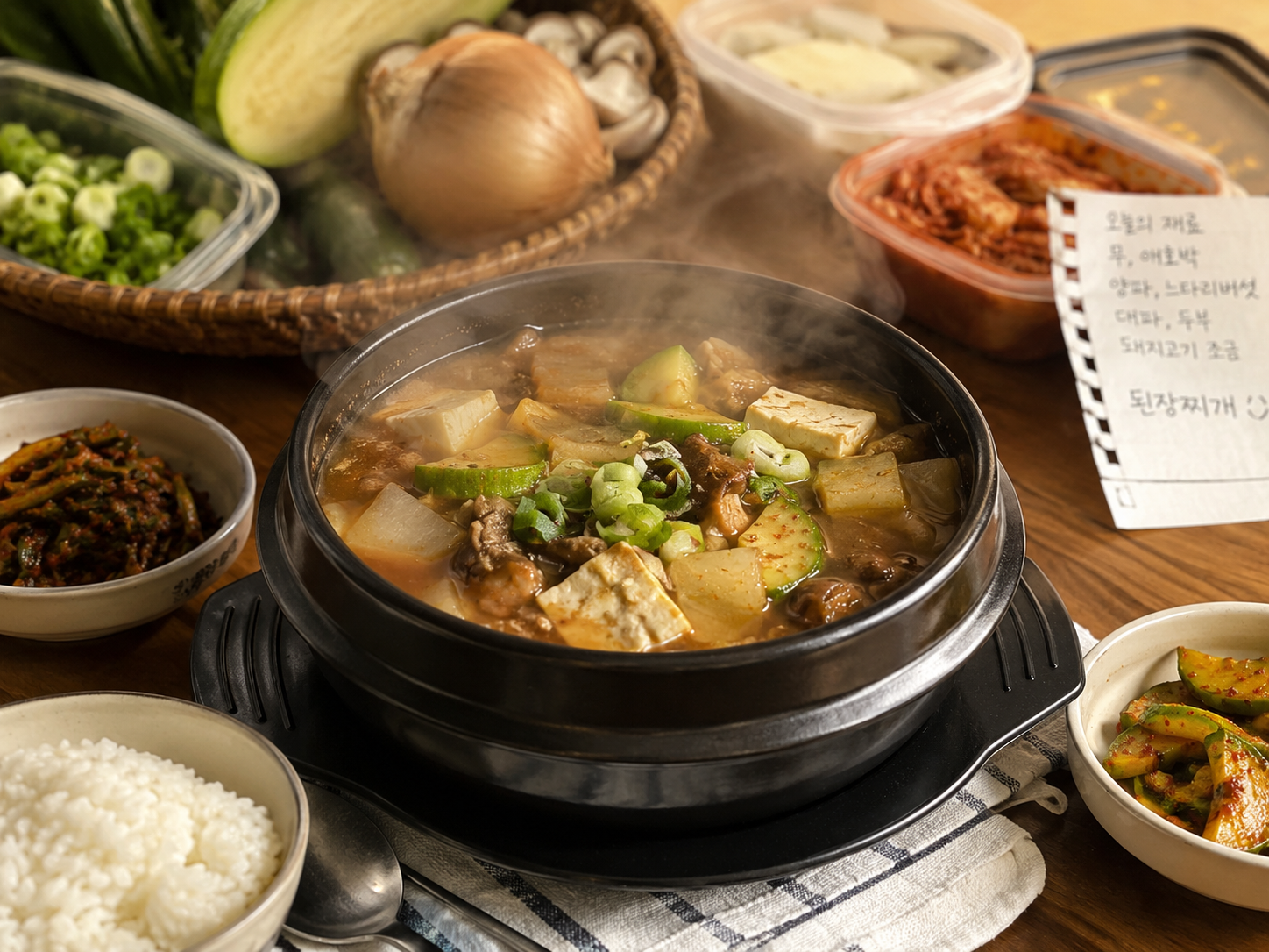 무, 애호박, 두부 등 다양한 재료가 들어간 김이 모락모락 나는 된장찌개와 옆에 놓인 식재료 리스트 쪽지, 그리고 정갈하게 차려진 식사 상차림