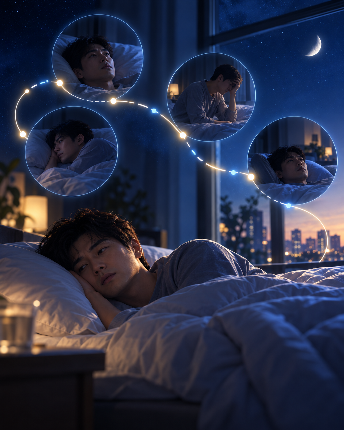 A cinematic nighttime bedroom scene illustrating fragmented sleep in AEP Sleep Health Series 2. A tired adult man lies awake in bed while several circular vignettes show repeated moments of waking, turning, and sitting up during the night. A glowing, broken coordinate line connects these interrupted sleep episodes beneath a moonlit window and distant city lights, representing a long night repeatedly divided by awakenings rather than continuous restorative sleep.