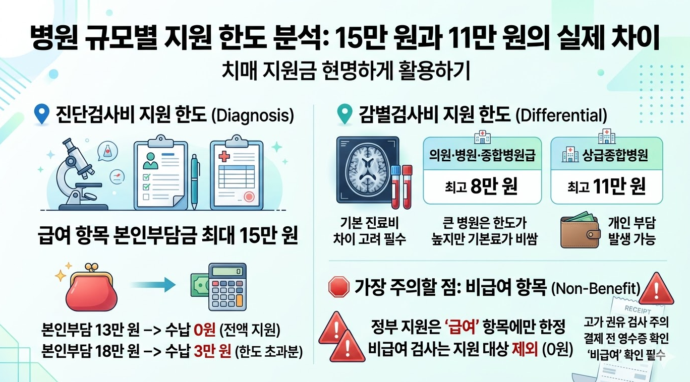 병원 규모별 치매 검사비 지원 한도 비교: 진단검사 15만 원, 감별검사 8~11만 원