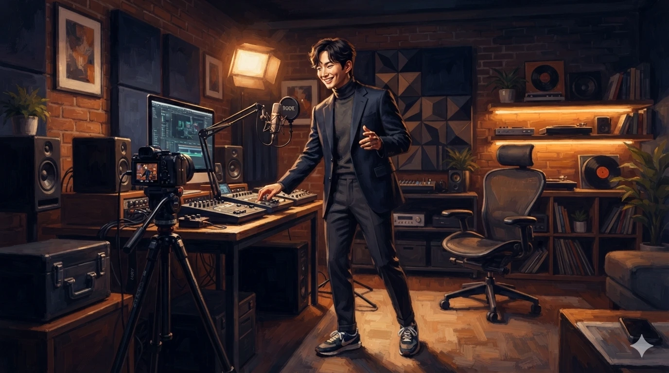 조명이 켜진 모던 스튜디오에서 프로페셔널한 매력과 자신감을 발산하는 현대 한국인 크리에이터를 묘사한 가로형 일러스트
