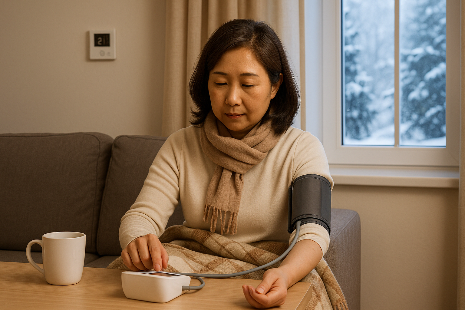 겨울 아침, 집에서 가정혈압을 측정하며 뇌졸중을 예방하려는 40대 여성