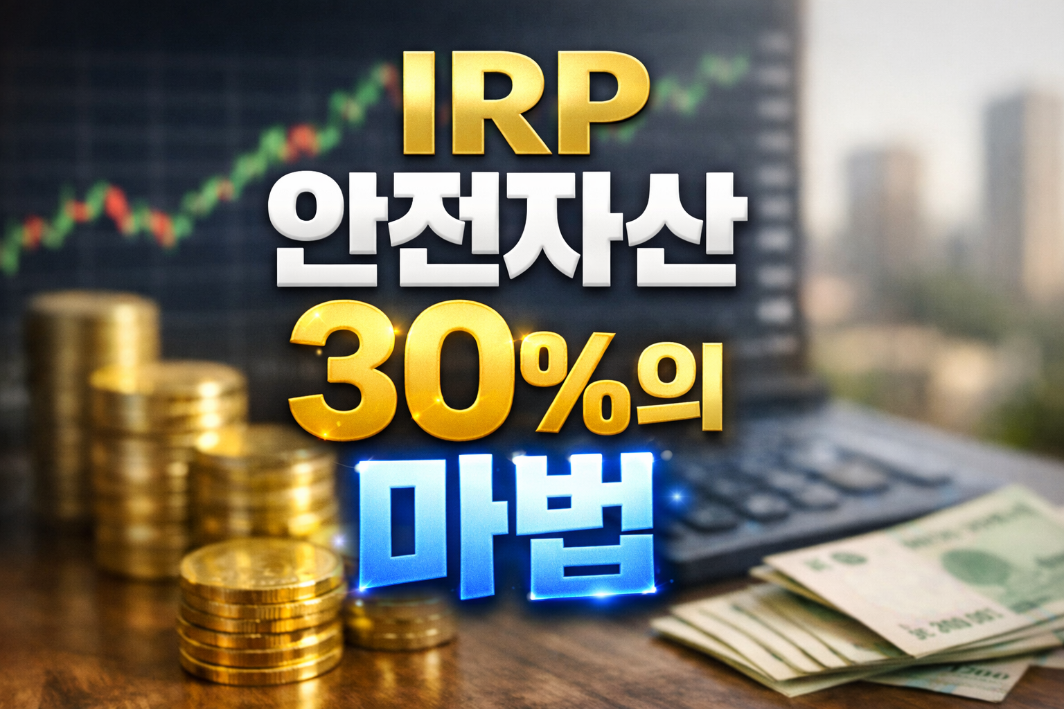 IRP 안전자산 30%의 마법 문구와 금화, 계산기, 주가 차트가 배경에 있는 연금 투자 콘셉트 이미지