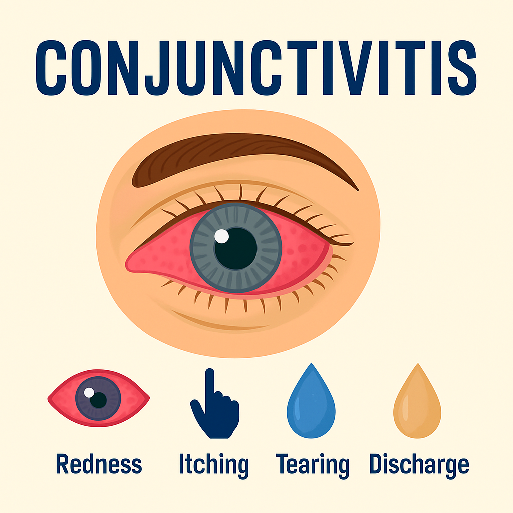 결막염 증상에대한 인포그래픽으로 출혈된 눈, 눈물, 고름등이 표시되어있음