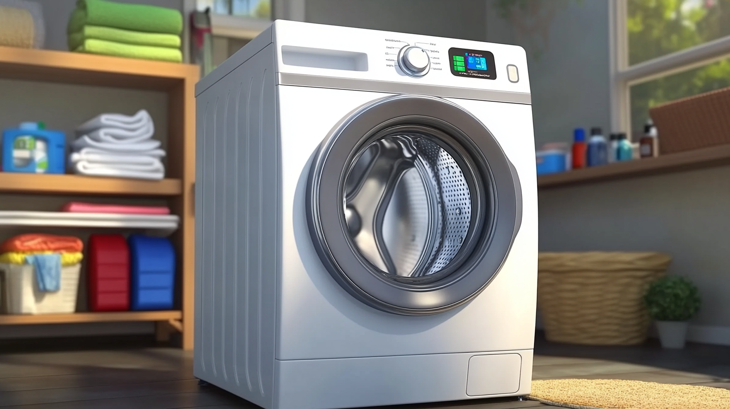 삼성 WF2117HCVVC 세탁기가 AI 기술 인터페이스와 친환경 디자인 요소를 갖춘 현대적인 세탁실에 배치된 현실적인 사진.