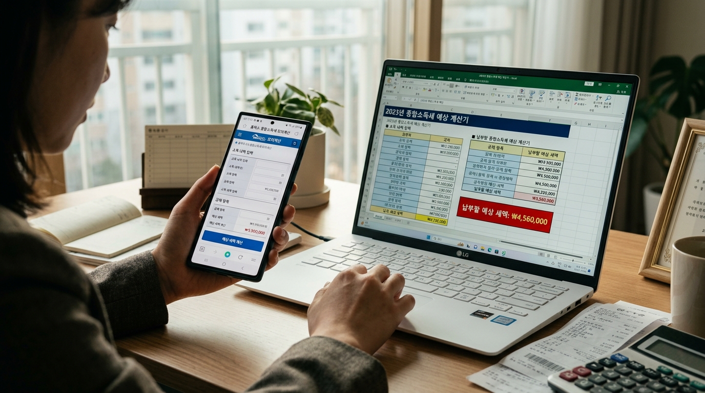 스마트폰 앱과 엑셀 계산기를 활용해 종합소득세 예상 세액을 산출하는 모습