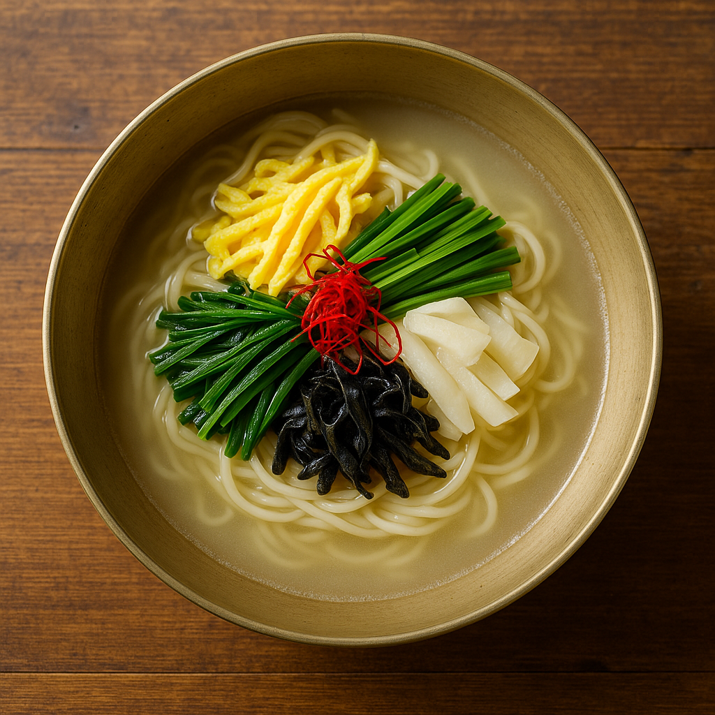 나무 테이블 위에 전통 유기 그릇에 담긴 한국 국수 한 그릇. 깻잎 향이 나는 닭 육수에 삶은 면 위에 지단, 부추, 무 짱아치, 석이버섯, 실고추를 얹은 모습. 자연광, 상부 시점, 고해상도 음식 사진 스타일