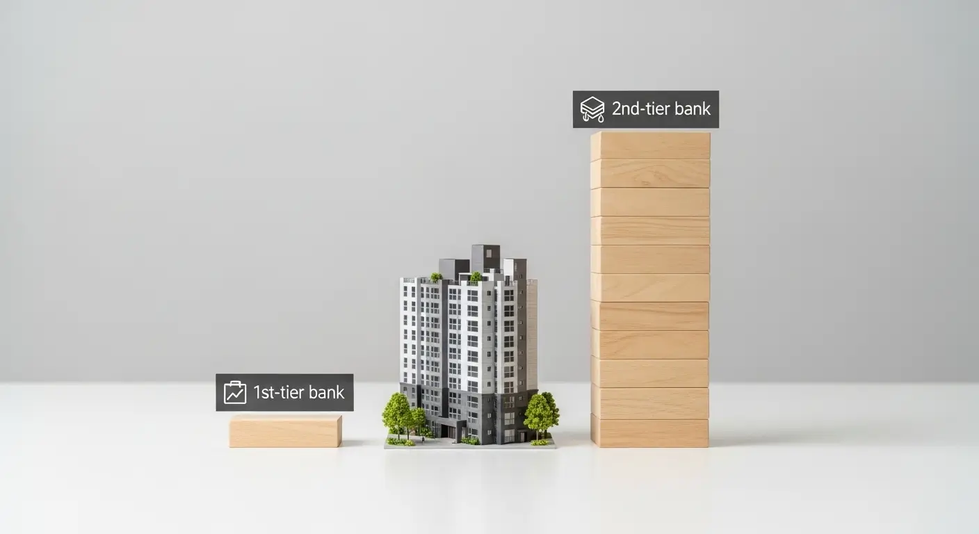아파트 모형 옆, 1금융권과 2금융권의 생활안정자금대출 한도 차이를 보여주는 블록 비교 이미지