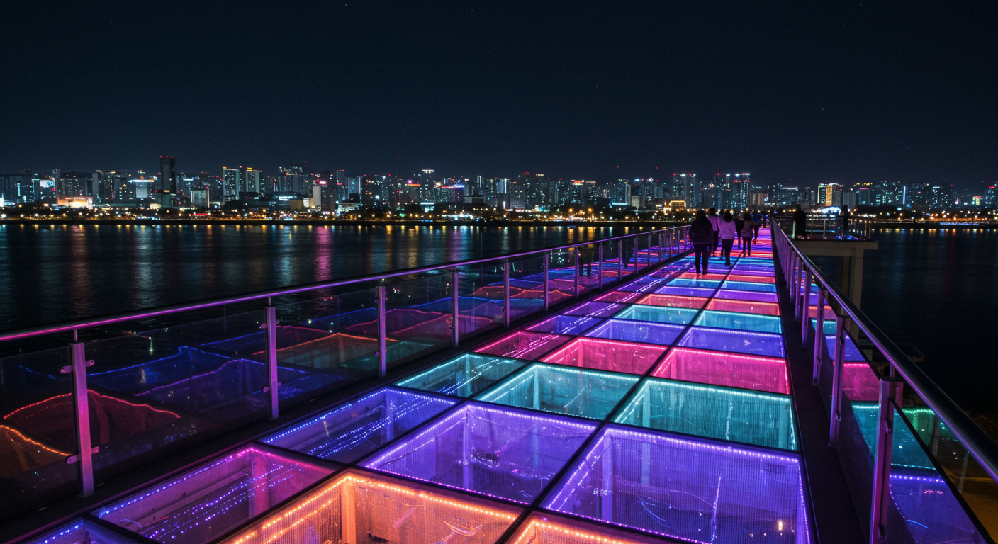 춘천 소양강스카이워크의 화려한 조명과 강에 비친 도시 야경