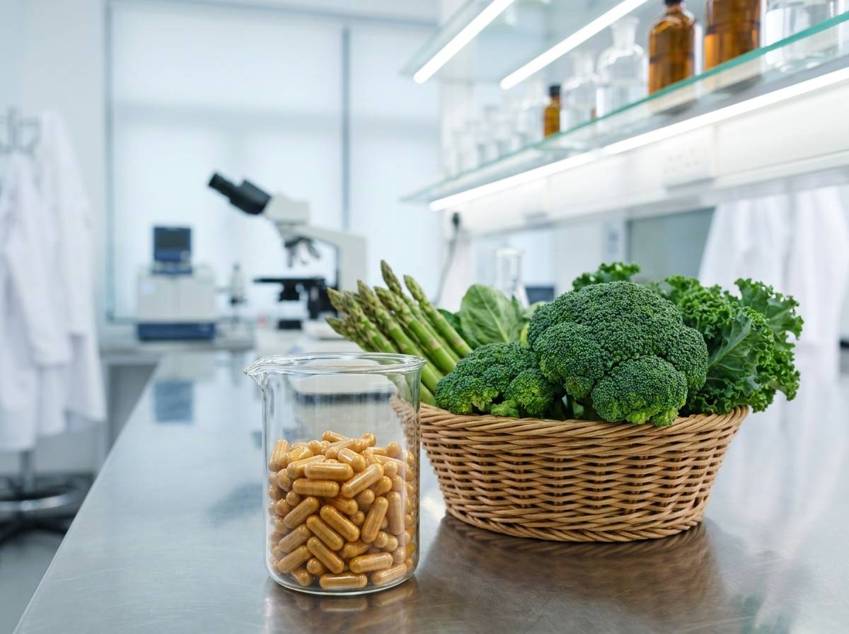 밝은 실험실 배경에 놓인 포스트바이오틱스 영양제 캡슐과 신선한 식이섬유가 풍부한 채소들, 의학적인 신뢰감이 느껴지는 깔끔한 사진