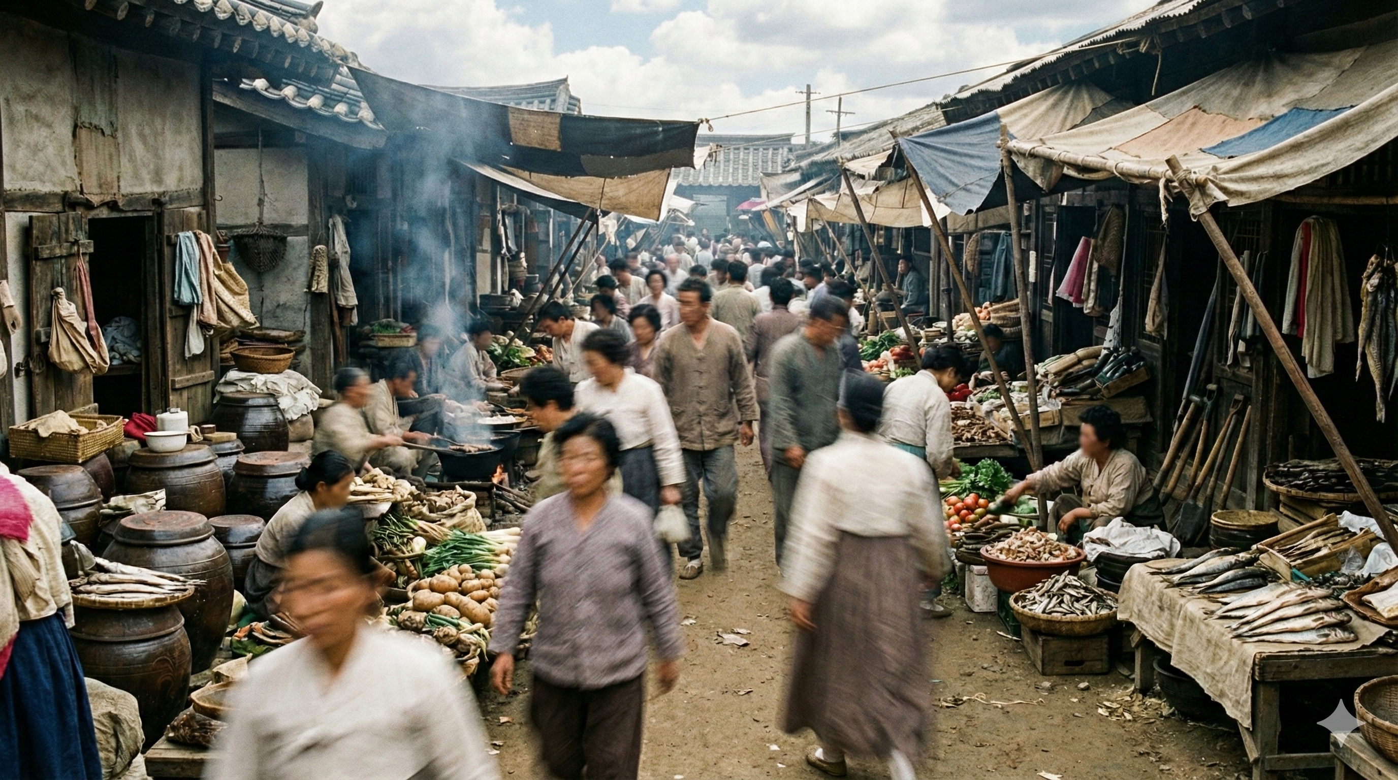 전통 장터에서 사람들의 움직임과 생활 소리가 느껴지는 풍경
