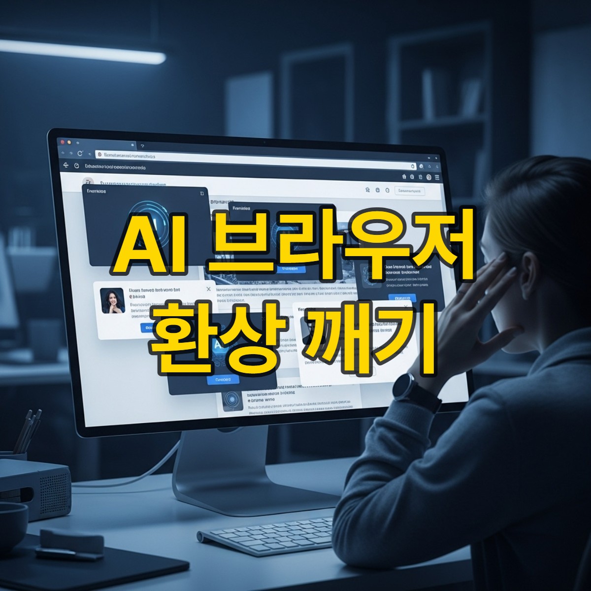 AI 브라우저의 복잡하고 혼란스러운 인터페이스를 보고 좌절하는 사람의 모습