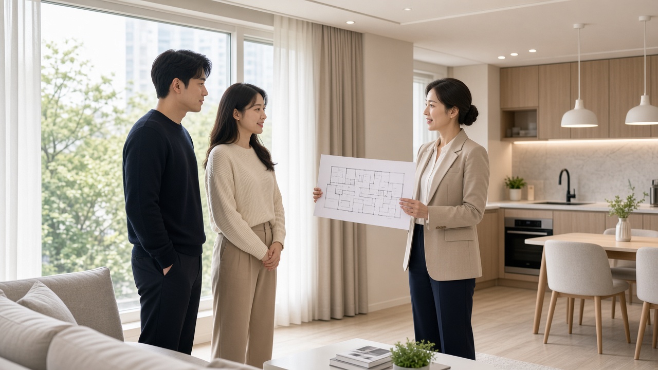 밝은 견본주택 거실에서 30대 초반 한국인 부부가 상담 직원의 평면도 설명을 듣는 모습