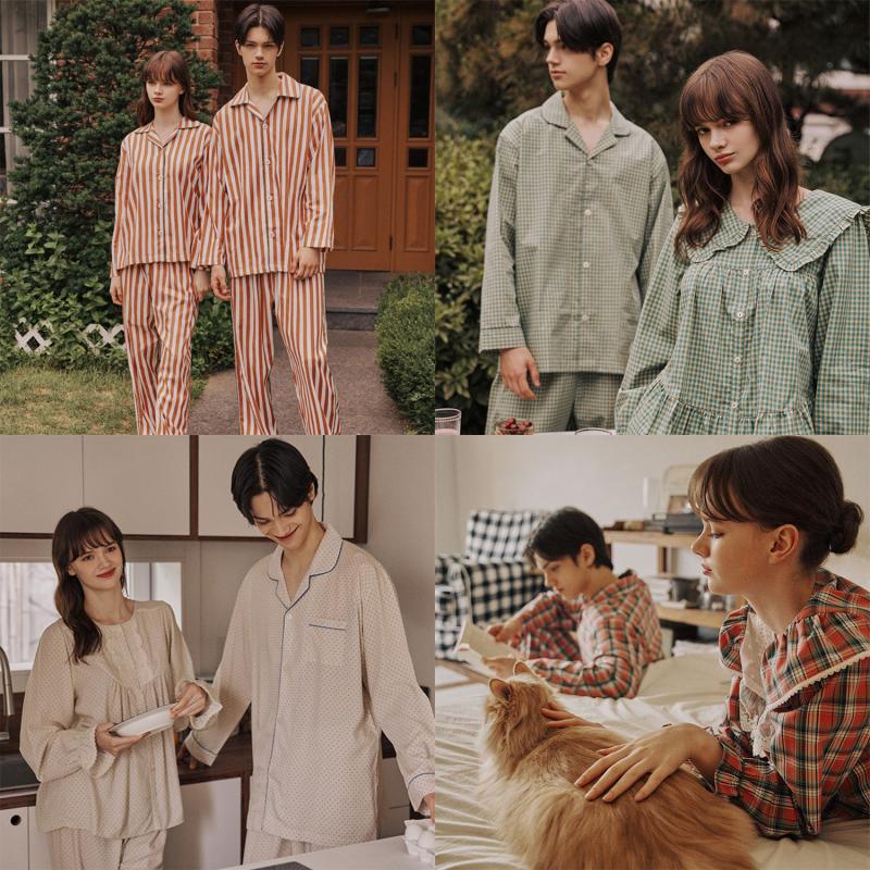 커플잠옷 여성 긴팔 파자마세트 남성 홈웨어 원피스 사계절 로브 가운 이브니에