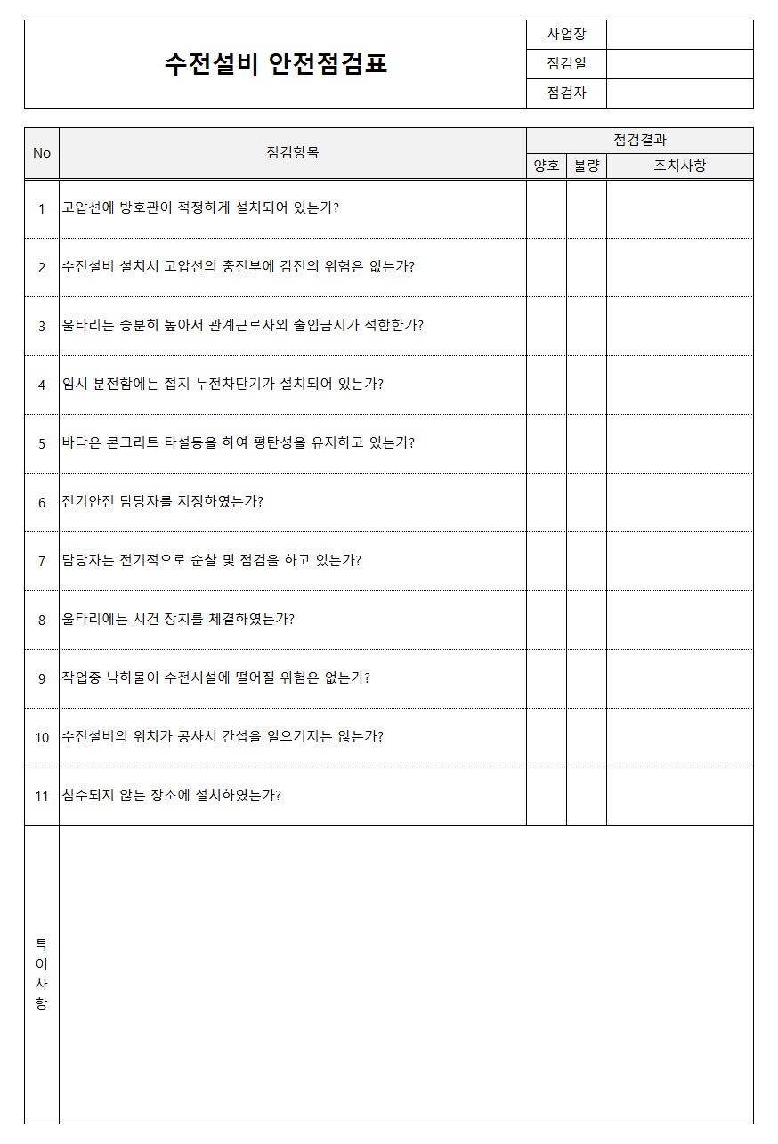 수전설비 안전점검표