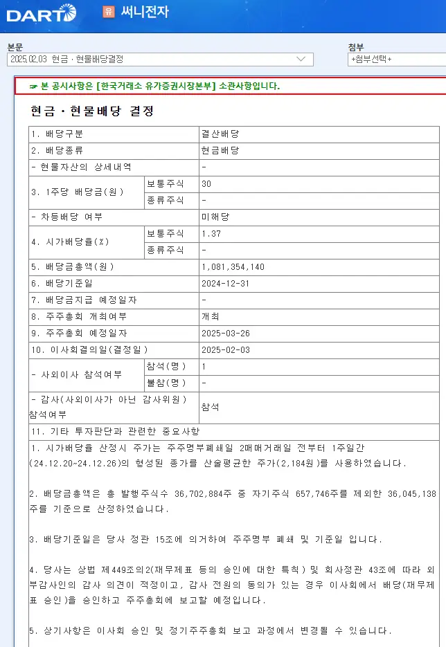 써니전자(004770) 2025년 배당금
