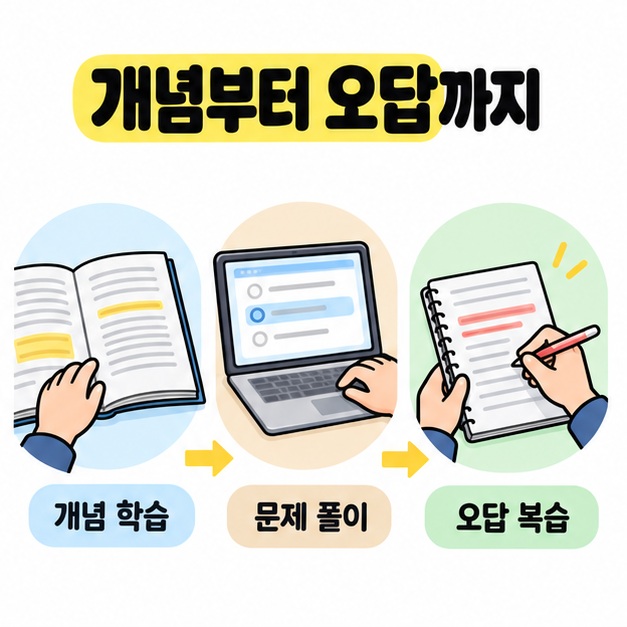 교재 읽기와 컴퓨터 문제 풀이, 노트 정리를 개념 학습, 문제 풀이, 오답 복습의 순서로 연결한 그림