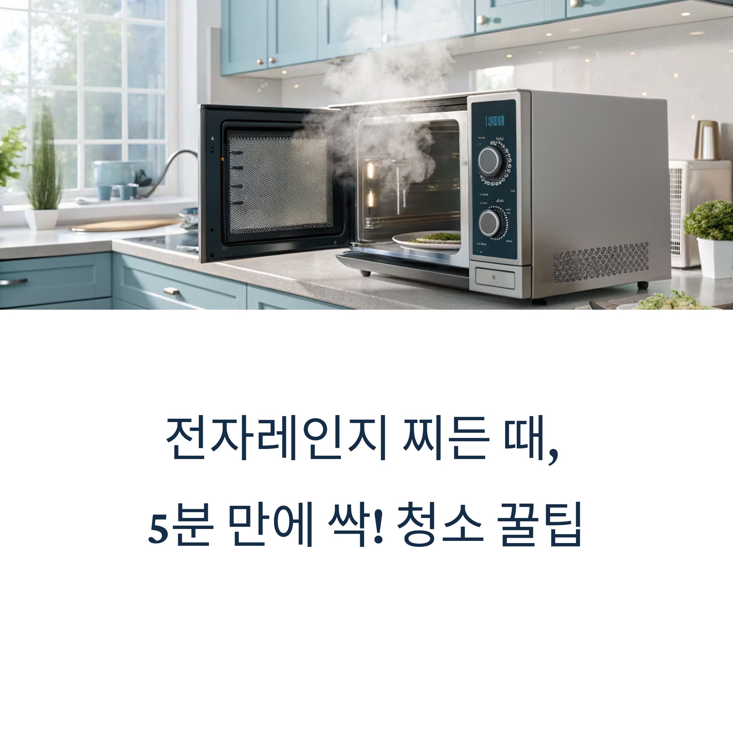 # 전자레인지 찌든 때, 5분 만에 싹! 청소 꿀팁 공개

## 냄새와 기름때 한 번에 제거하는 전자레인지 청소법

---

전자레인지 내부에 튄 음식물 찌꺼기, 기름때, 냄새까지
**한 번의 청소로 말끔히 없앨 수 있는 초간단 방법**을 알려드립니다.
복잡한 도구 없이 집에 있는 **식초, 베이킹소다, 레몬만 있으면** 준비 끝!
청소 후엔 새 제품처럼 깨끗한 전자레인지로 다시 사용할 수 있습니다.

---

### 준비 재료는 단 3가지

❘ 재료 ❘ 용도 ❘ 대체 가능 재료 ❘
❘ ---------- ❘ ------- ❘ ---------- ❘
❘ 식초 2큰술 ❘ 살균&middot;탈취 ❘ 레몬즙 또는 구연산 ❘
❘ 물 200ml ❘ 스팀 발생 ❘ ❘
❘ 베이킹소다 1작은술 ❘ 찌든 때 제거 ❘ 생략 가능 ❘

**레몬 한 조각을 함께 넣으면 향까지 잡아주는 천연 방향제 효과**까지 얻을 수 있습니다.

---

### 전자레인지 청소 방법 순서

1단계: 내열 용기에 물 200ml, 식초 2큰술, 베이킹소다를 넣고 섞습니다
2단계: 전자레인지에 넣고 **4분간 고온으로 가열**합니다
3단계: 문을 닫은 채로 **추가로 2\~3분간 스팀이 퍼지게 둡니다**
4단계: 부드러운 천이나 키친타월로 내부를 닦아냅니다
5단계: 턴테이블은 따로 꺼내어 세척하면 완벽 마무리

**수증기 덕분에 찌든 때가 불려져, 힘들이지 않아도 닦이는 것이 핵심**입니다.

---

### Q\&amp;A로 정리하는 실전 꿀팁

"레몬이 없어요, 꼭 넣어야 하나요?"
&rarr; 아니요. 식초만으로도 충분하지만, **레몬을 넣으면 냄새 제거와 방향 효과가 더 좋습니다.**

"베이킹소다는 꼭 필요할까요?"
&rarr; 찌든 때가 많을 경우에만 필요합니다. **평소 청소라면 생략해도 충분**합니다.

"가열 후 문은 왜 닫아놔야 하나요?"
&rarr; **스팀이 닫힌 공간 안에서 퍼져야 때가 더 쉽게 불려집니다.**

---

### 정기 청소 주기와 보관 팁

전자레인지는 **1주일에 한 번씩 위 방법으로 정기 청소하면 기름때 누적 방지**에 좋습니다.
청소 후엔 문을 잠시 열어 **습기를 말리고 탈취까지 마무리**해야 위생 상태를 유지할 수 있습니다.

---

#####

\#전자레인지청소 #식초청소법 #레몬스팀청소 #전자렌지기름때 #스팀청소팁 #간편가전청소
전자레인지세척, 주방청소, 생활꿀팁, 냄새제거, 베이킹소다활용법