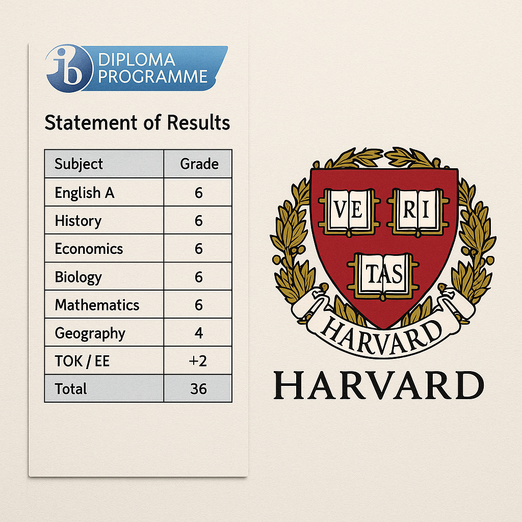 IB 성적표와 대학 로고를 함께 배치해, 성적과 대학 지원 가능성을 시각화한 이미지