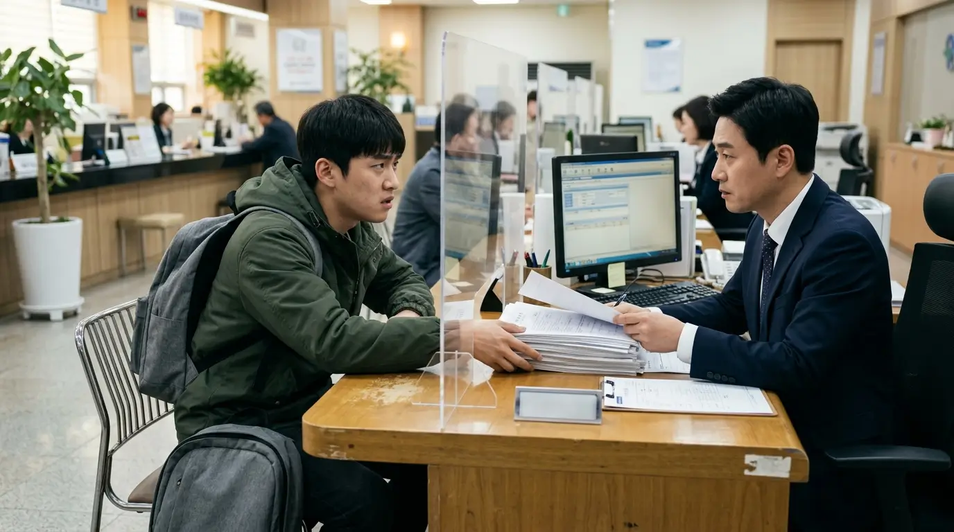 밝고 정돈된 시중 은행 대출 창구에서 수수한 옷차림의 청년이 대출 담당 직원과 투명 아크릴을 사이에 두고 절박하게 상담하는 일상적인 장면