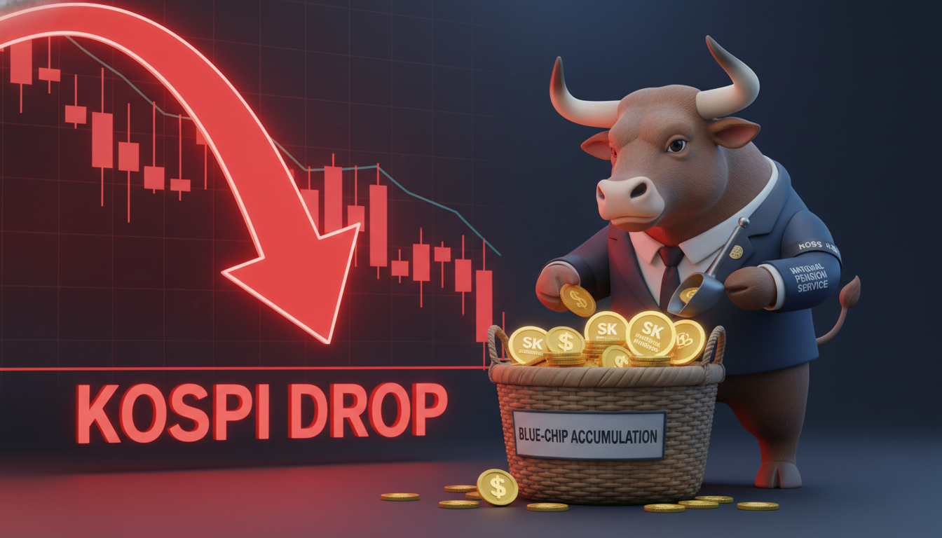 코스피 하락장 속에서 우량주를 저가 매수하는 연기금의 투자 전략을 나타낸 3D 일러스트