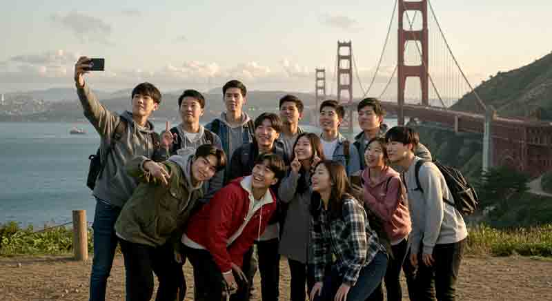 금문교를 배경으로 기념촬영하는 젊은이들