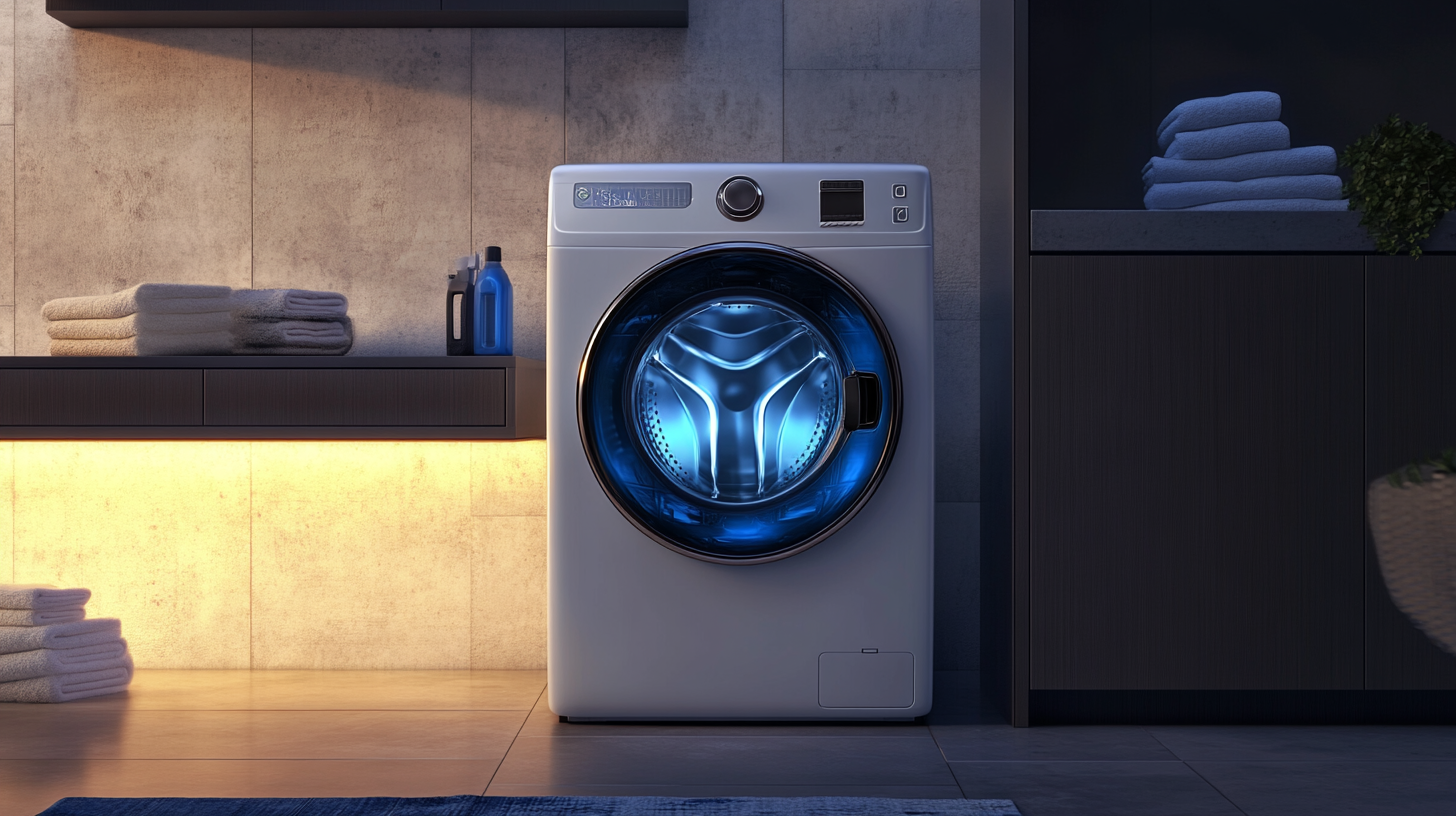 세련된 미니멀한 세탁실에 놓인 현대적인 삼성 그랑데 세탁기. 부드러운 주위 조명이 디자인을 강조하는 장면