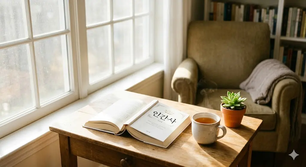 따스한 오후 햇살이 비치는 창가 테이블 위에 놓인 따뜻한 커피 한 잔과 펼쳐진 소설책