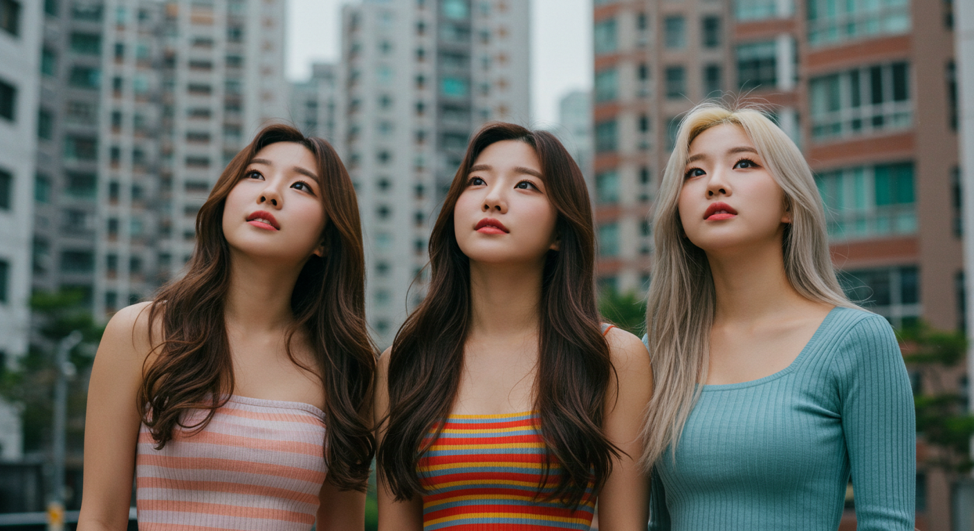 아파트를 올려다보는 세여자