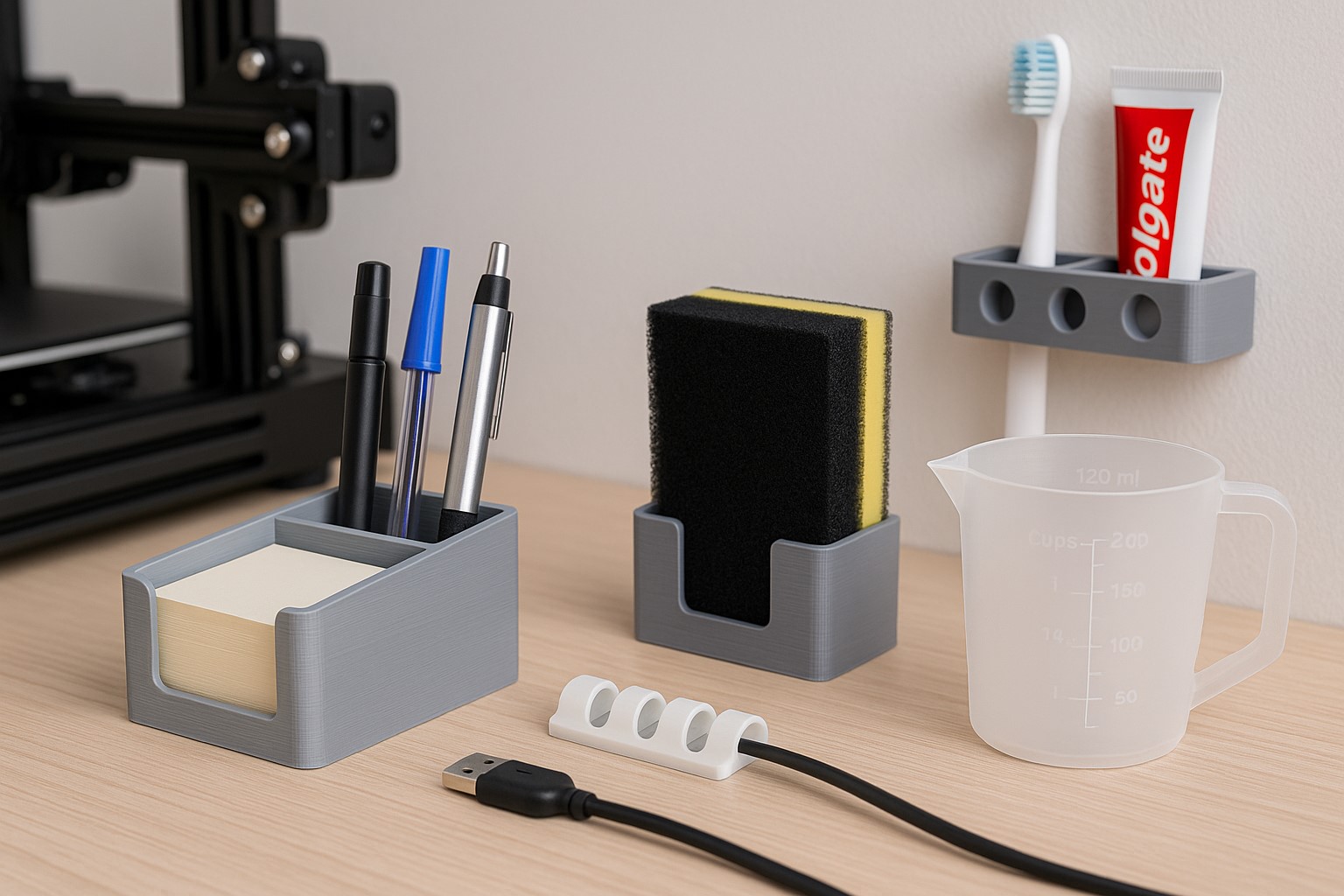 3D 프린터로 출력한 생활 아이템: 책상 정리함, 전선 클립, 스펀지 홀더, 계량컵, 칫솔꽂이 정리 이미지