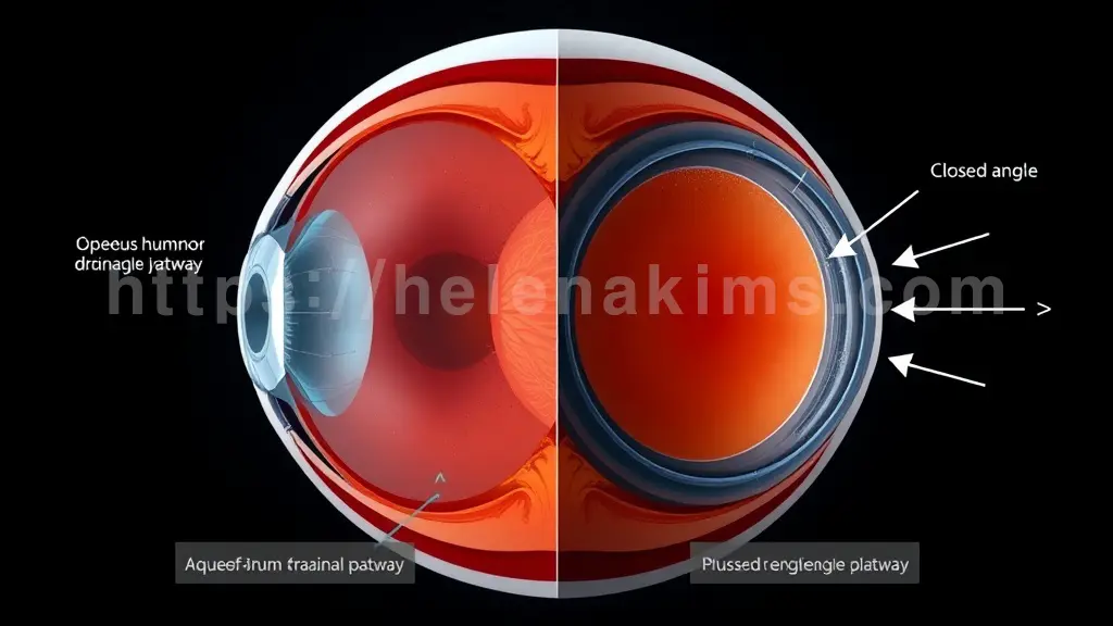 왼쪽 개방각 부분은 방수 유출로가 열려 있지만 미세한 노폐물로 배출이 더딘 모습을, 오른쪽 폐쇄각 부분은 홍채가 앞으로 밀려 방수 통로가 완전히 막힌 모습을 명확한 화살표와 함께 표현한 이미지.