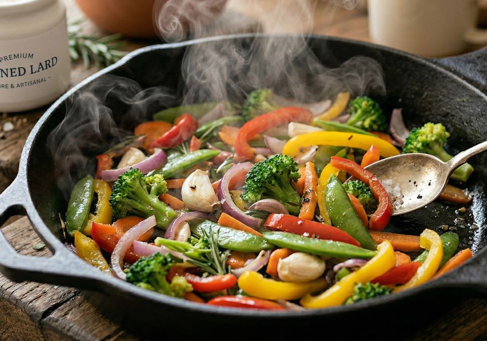 식물성 기름보다 고온에서 안정적인 라드는 볶음 요리에 좋다.