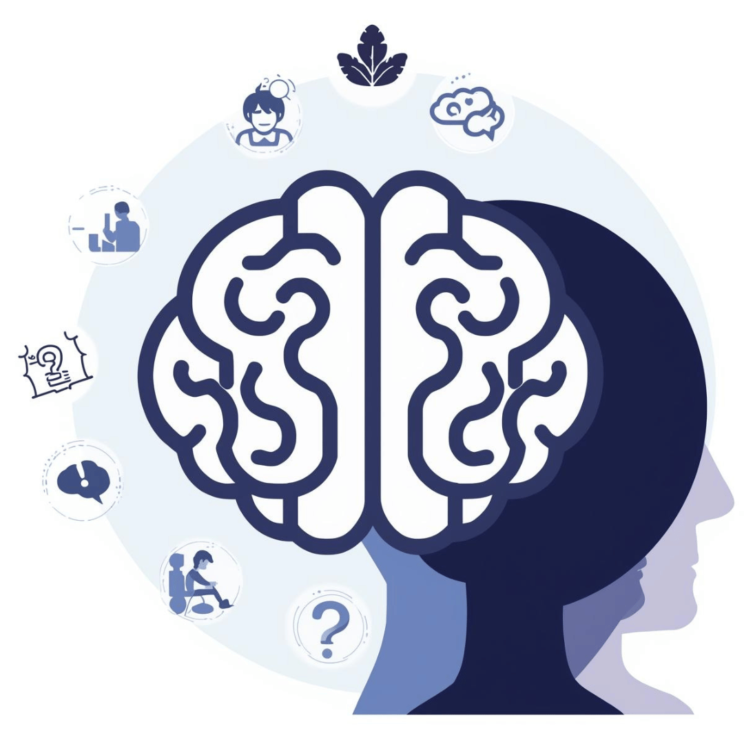 스트레스와 불안감 등 심리적 발기부전의 다양한 원인을 나타내는 뇌 관련 일러스트