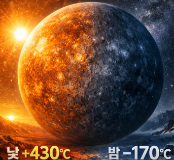 수성의 낮과 밤이 극심한 온도 차이가 나는 것을 대비한 모습