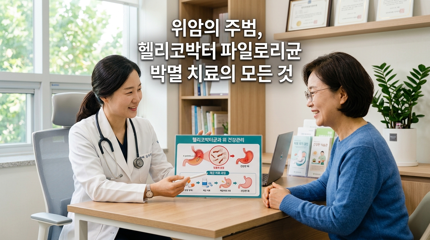 햇살이 은은하게 비치는 아늑하고 신뢰감 주는 진료실에서 의사와 환자가 위 건강과 헬리코박터 제균 치료에 대한 차트를 보며 따뜻하게 이야기 나누고 있는 모습. '위암의 주범, 헬리코박터 파일로리균 박멸 치료의 모든 것'이라는 문구가 적혀 있어, 헬리코박터 제균을 통한 위암 예방의 중요성을 시각화함.
