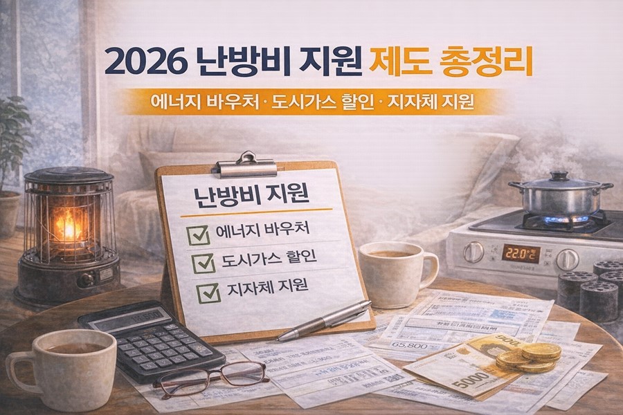 2026년 난방비 지원 제도와 에너지바우처, 보조금24, 복지로, 도시가스 요금 차감 등 주요 지원 흐름을 한눈에 정리한 안내 이미지입니다.