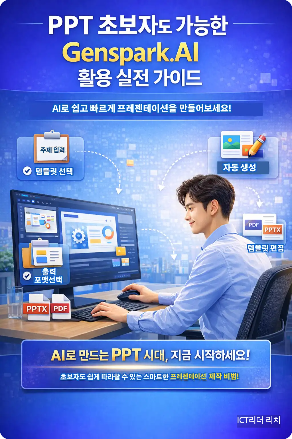 20대 남성이 듀얼 모니터로 Genspark.AI 프레젠테이션을 제작하는 과정을 시각화한 한국어 인포그래픽. 출력 포맷, 템플릿 선택 등 핵심 기능 강조.