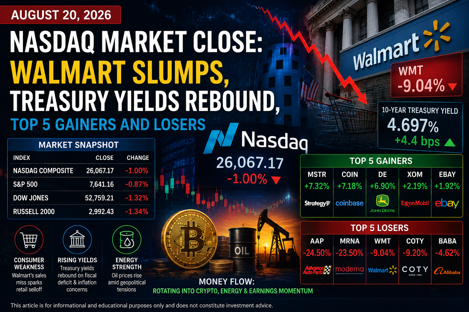Nasdaq market close analysis for August 20, 2026, showing Walmart&rsquo;s stock decline, rebounding U.S. Treasury yields, Nasdaq Composite performance, top five gainers and losers, and capital rotation into crypto and energy stocks.