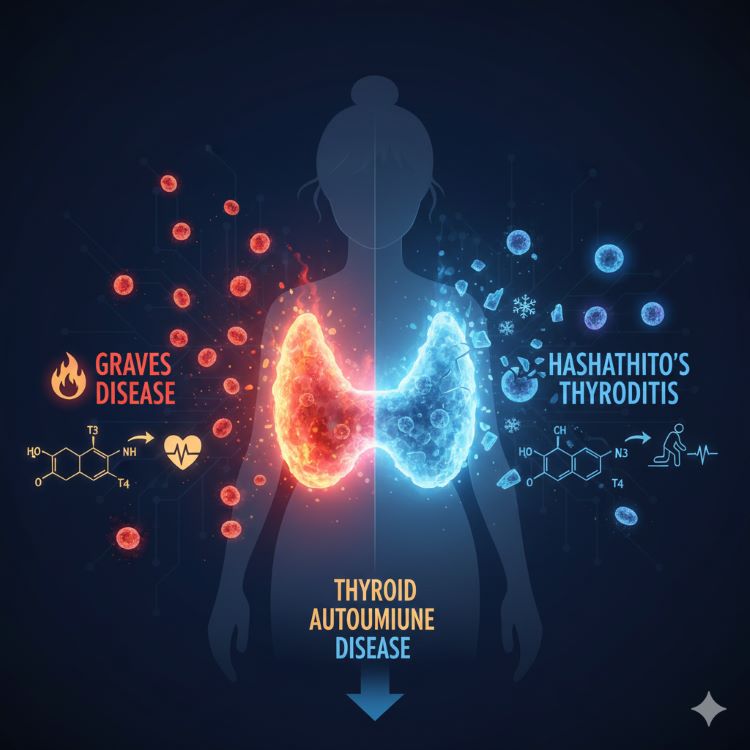 인간의 목 부위에 나비 모양의 갑상선이 강조된 의학 일러스트에서 한쪽은 불타는 듯한 붉은 색(그레이브스병), 다른 한쪽은 얼어붙은 듯한 푸른 색(하시모토병)으로 표현되고, 주변을 면역세포들이 공격하는 모습. 배경에는 여성 실루엣이 있고 T3, T4 호르몬 분자가 표현된 교육적이면서도 직관적인 인포그래픽