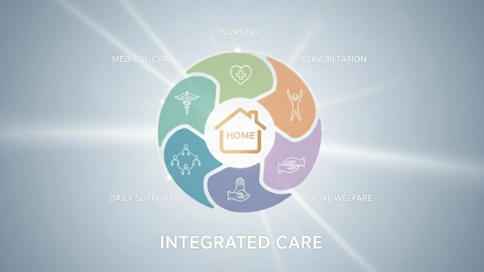 의료, 요양, 돌봄 서비스들이 유기적으로 통합되어 집에서 제공되는 모습을 상징하는 이미지.