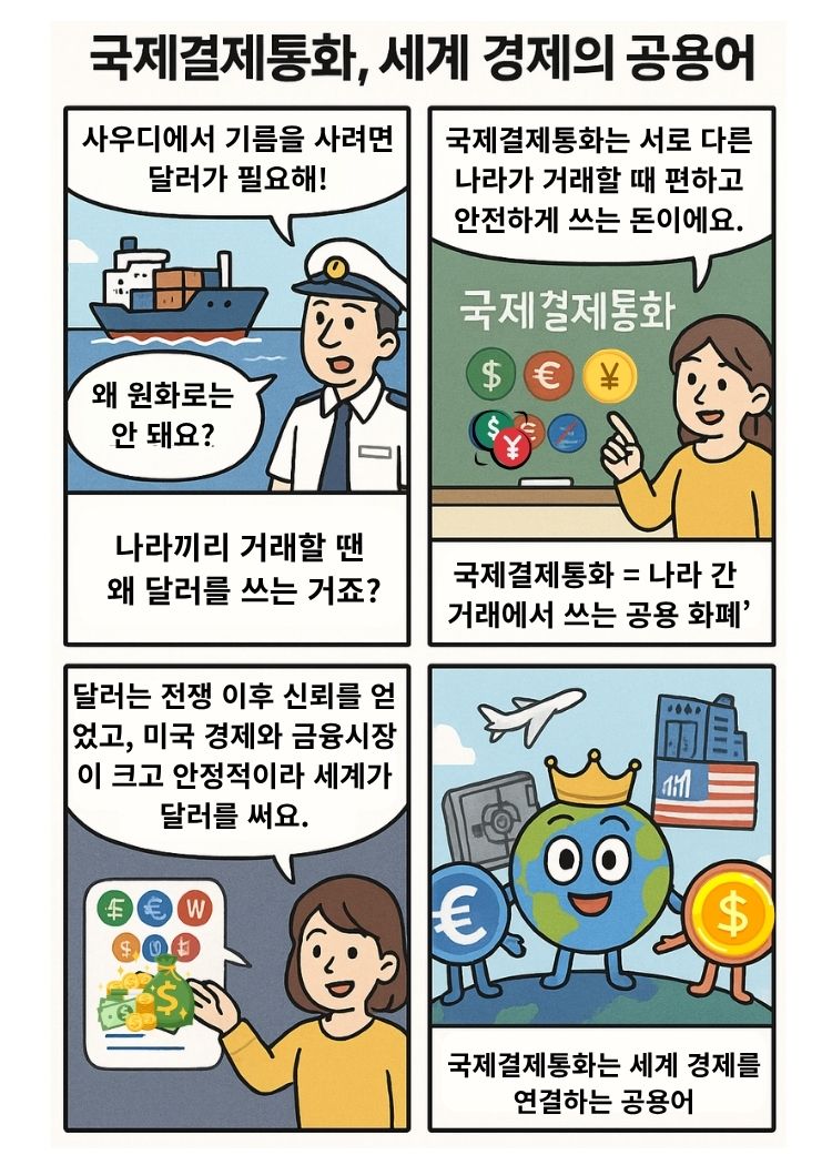 4컷으로 구성된 교육용 만화로, 국제결제통화의 개념과 역할을 설명